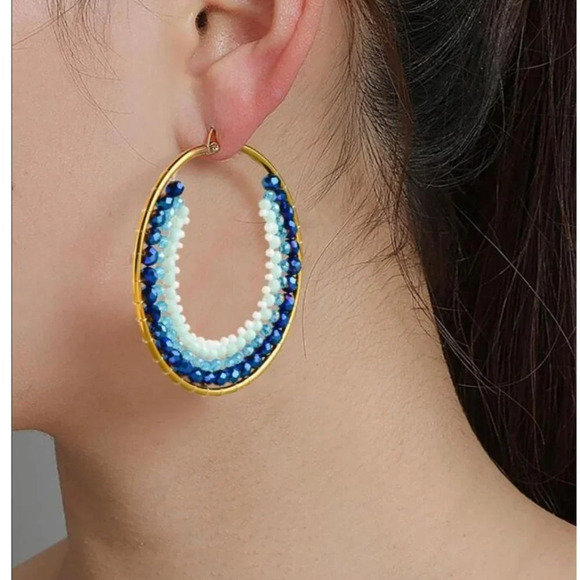 Accessories Womens Stainless Steel Faux Pearl Beaded Earrings Blue Sz 5.3cm - Picture 1 of 6